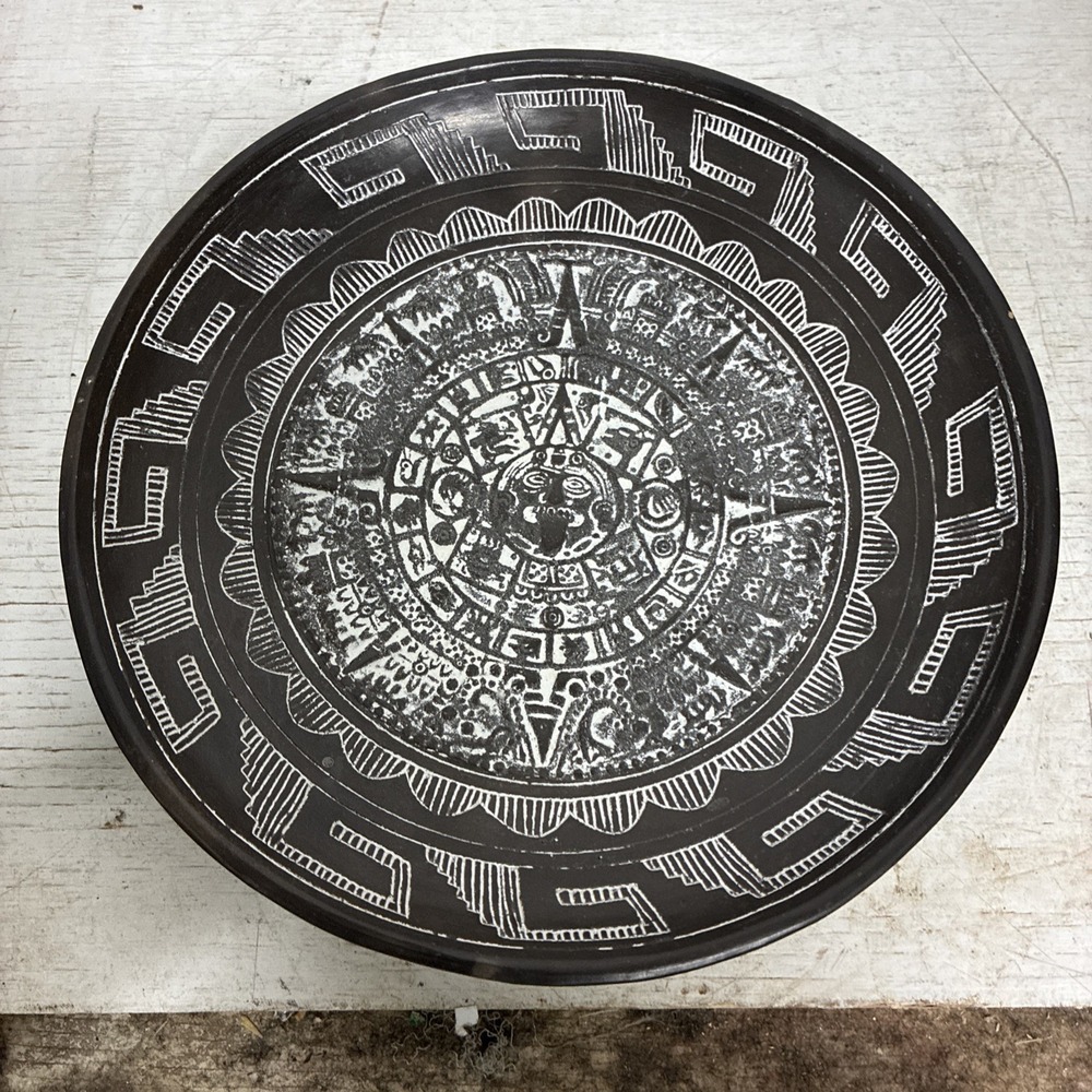 Vtg Aztec Solar Calendar Aztec Sun Stoneware Bowl 9 Inch Three Legs Faces Mexico